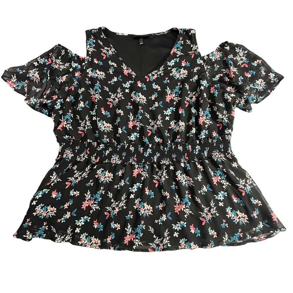 Lane Bryant 24 Black Floral V-Neck Smocked Peplum Top with Cold Shoulder